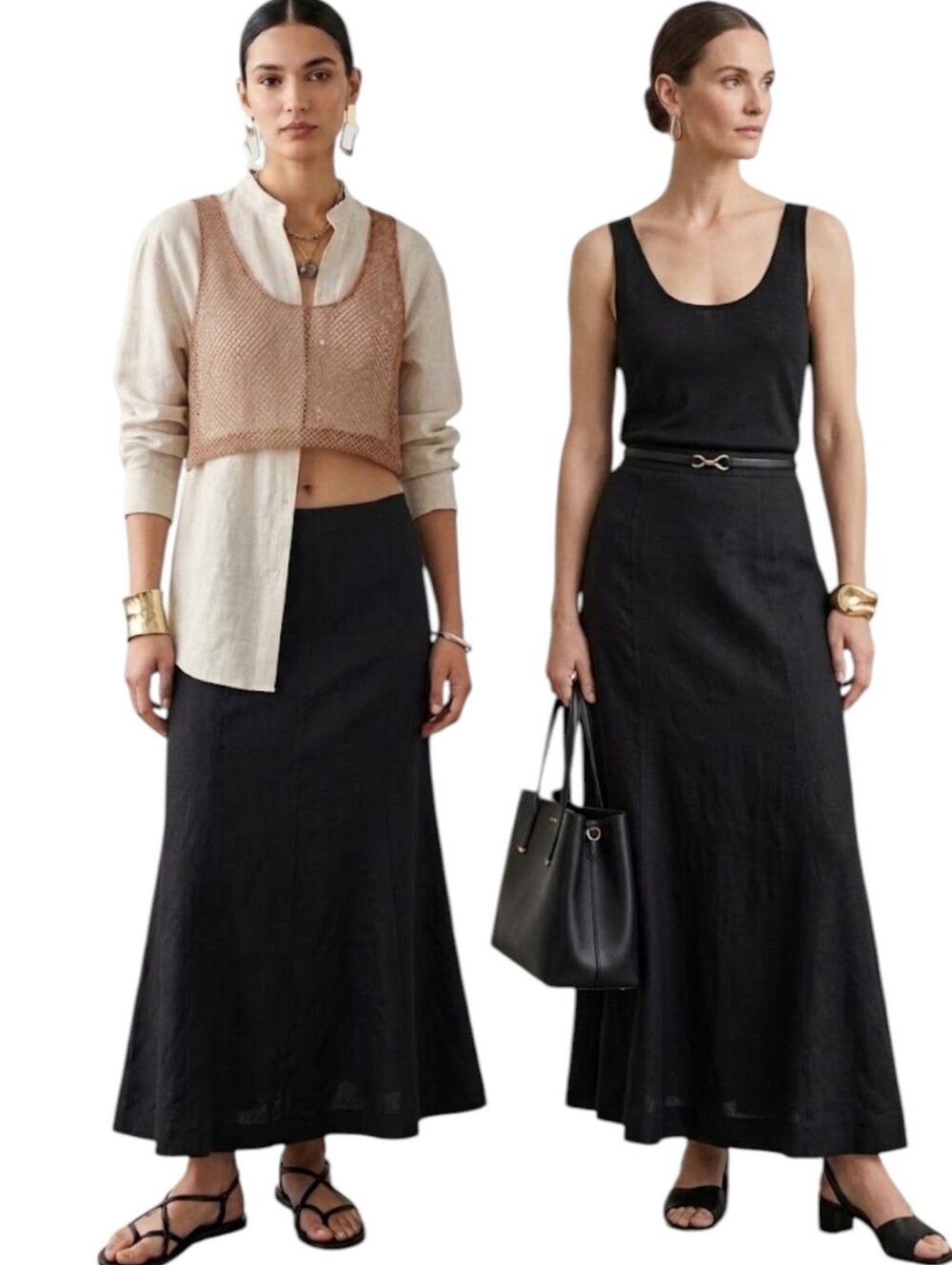💯 linen Maxi Black Skirt A Line